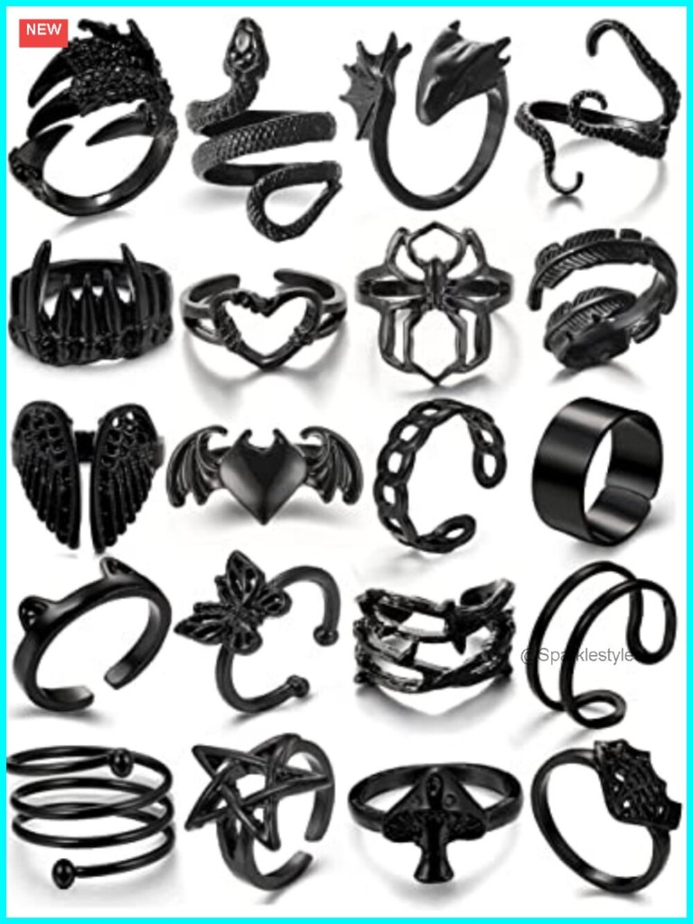 Gothic Black Plated Alloy Stacking Rings Set 20 Pcs Snake Butterfly Star